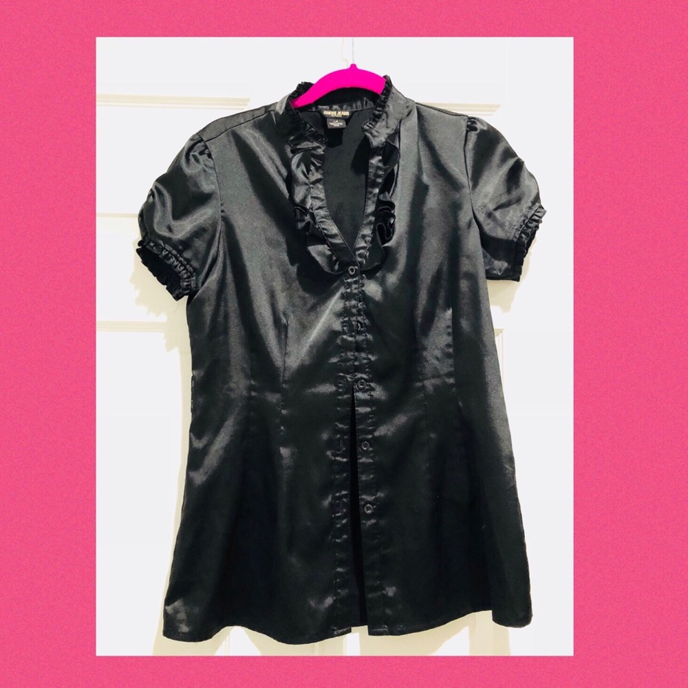 GUESS silky black short sleeve button down shirt